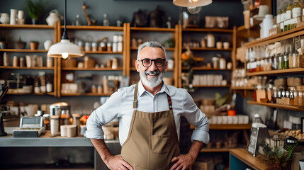 Wall Mural - Portrait of happy smiling small restaurant owner wearing apron standing behind counter. Confident senior man owner smiling and looking at camera, Small business owner concept