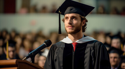 Graduate student standing on stage and giving a graduation speech to a crowd of proud faculty family and fellow graduates