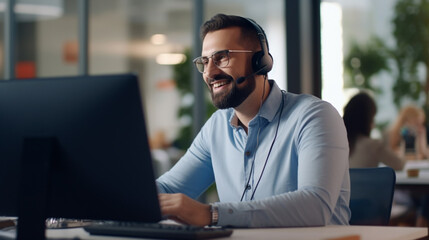 Man, call center and working in team office with headset, computer for online customer support, service or help generative Ai