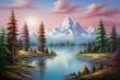 Scenic landscape with mountain, lake, blue sky, and trees depicted in an oil painting mimicking Bob Ross style. Generative AI