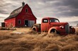 A vintage crimson barn alongside an abandoned vehicle in the prairie farmyard of Saskatchewan. Generative AI