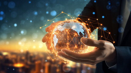 Poster - a businessman with two hands holds a Globe shrouded in luminous lights. global connection concept, legal AI