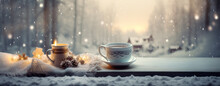Beautiful Christmas Card. Morning, A Cup Of Coffee, Fir Cones On The Windowsill Overlooking The Winter Forest, Legal AI