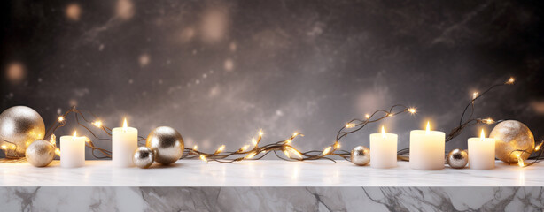 Canvas Print - Christmas card with burning candles and garlands lit on a marble table top, legal AI