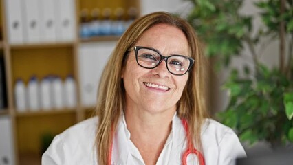 Poster - Middle age hispanic woman doctor smiling confident standing at the clinic