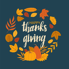 Wall Mural - Happy Thanksgiving card with autumn leaves. Vector illustrations.