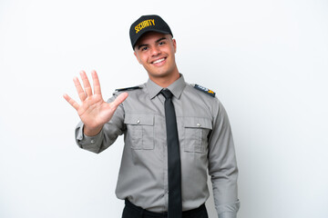 Wall Mural - Young caucasian security man isolated on white background counting five with fingers