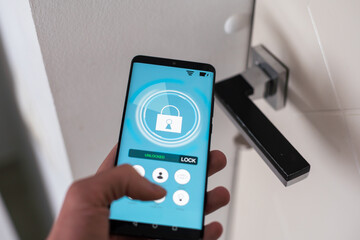 Poster - hotel door security unlocking by application on mobile phone. digital door lock, key less system of 
