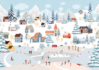 Wall Mural - Seamless pattern Winter landscape,Celebrating Christmas and New Year 2024  in village at night with happy people playing ice skate in the park,Vector horizontal banner winter wonderland in countryside