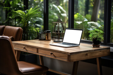 Laptop computer in living room surrounded natural generate with Ai.