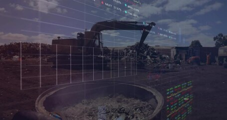 Poster - Animation of graphs, trading boards, smoke from burning scrap, crane in junkyard against cloudy sky