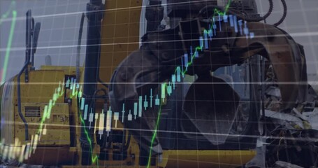 Poster - Animation of multiple graphs with changing numbers, caucasian worker operating crane in junkyard