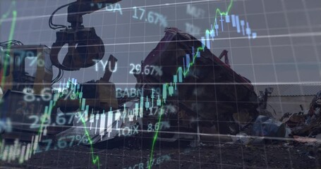 Poster - Animation of graphs and trading board, crane trying to crab metal scrap in junkyard