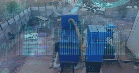 Poster - Animation of multiple graphs and trading board over aerial view of machinery in junkyard