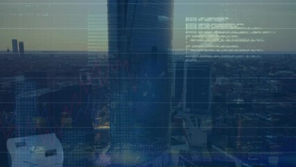 Poster - Animation of binary codes, graphs, changing numbers, computer language, aerial view of modern city