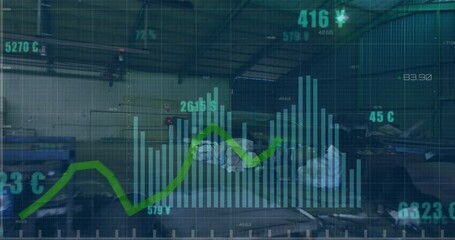 Poster - Animation of graphs, changing numbers, aerial view of warehouse of junkyard
