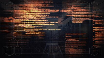 Poster - Animation of hexagons and computer language over server room