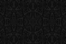 Embossed Black Background, Cover Design. Geometric Ethnic 3D Pattern, Press Paper, Leather. Boho, Unique Handmade, Anti-stress. Ornamental Art Of The East, Asia, India, Mexico, Aztec, Peru.
