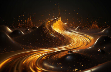 Canvas Print - Abstract golden liquid wave in black background. created by generative AI technology.