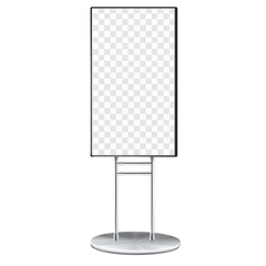 Wall Mural - Digital video banner with transparent screen vector mock-up. Vertical placed promotional LCD display stand realistic mockup. Monitor on metal frame base. Template for design