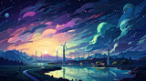 Fototapeta Nowy Jork - Night landscape with wind turbines on the river bank, vector illustration. created by generative AI technology.