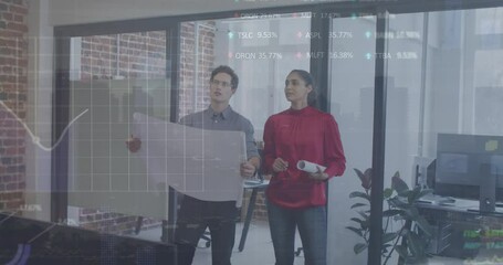 Poster - Animation of graphs and trading board, diverse coworkers discussing blueprint and shaking hands