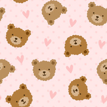 Brown Teddy Bear Cute Hand Drawn Face With Hearts And Polka Dot Texture, Pastel Color Pink Seamless Pattern Background
