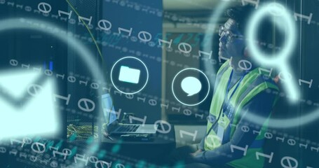 Poster - Animation of icons, graph, globe, binary codes, asian male engineer checking server using laptop