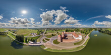 Aerial Seamless Spherical Hdri 360 Panorama Overlooking Restoration Of The Historic Castle Or Palace Near Lake In Equirectangular Projection With Red Shingles Roof