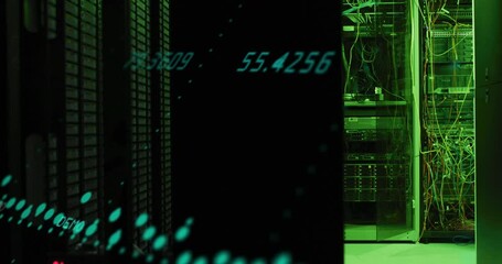 Poster - Animation of graphs and changing numbers over illuminated data server system in server room