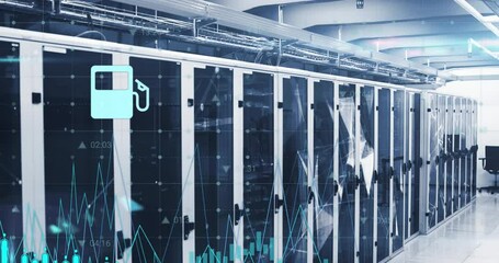 Poster - animation of graphs, icons and connected dots on data server racks in server room