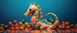 Closeup portrait of mythical seahorse plastic figurine with vibrant round polka dots, childhood playtime toy, fantasy wonderland ocean guardian - generative AI