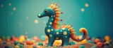 Fototapeta Dziecięca - Closeup portrait of mythical seahorse plastic figurine with vibrant round polka dots, childhood playtime toy, fantasy wonderland ocean guardian - generative AI