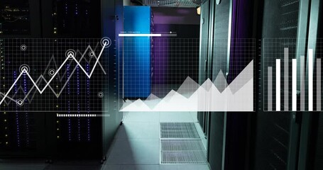 Poster - Animation of multiple graphs, map and loading bars over server room in background
