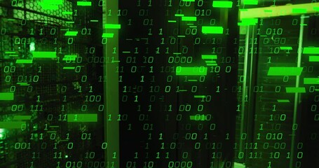 Poster - Animation of bars and binary codes over illuminated data server racks in server room