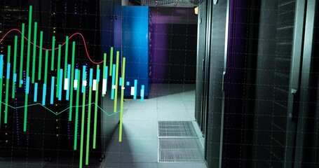 Poster - Animation of multicolored graphs over data server racks in server room