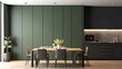 Sage green wall partition with white baseboard on parquet and table with chairs in the middle of the room