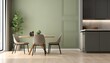 Sage green wall partition with white baseboard on parquet and table with chairs in the middle of the room