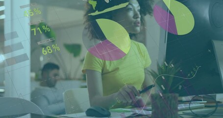 Poster - Animation of data processing over african american woman taking notes using computer at office