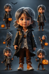 Venon helloween character,children's bool illustration style,multiple poses and exxpressions,showdown and light,simple, 3D, cuts, full colour,black shose,gray hairno,Vector ,stiker,background wite, 2D