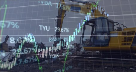 Poster - Animation of graphs and trading board, man operating crane and grabbing scrap in junkyard