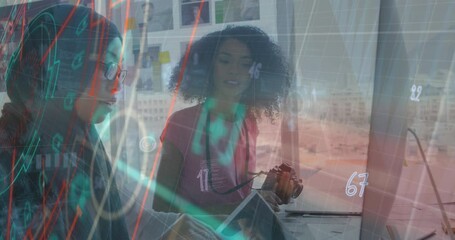 Poster - Animation of graphs, symbols, computer language, diverse female coworkers discussing in office