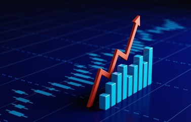 Financial Market Analysis Forex Trading Candlestick Chart on Blue Background, 3D Render.