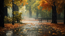 Landscape Autumn Rain Drops Splashes In The Forest Background, October Weather Landscape Beautiful Park.