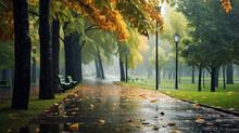 Landscape Autumn Rain Drops Splashes In The Forest Background, October Weather Landscape Beautiful Park.