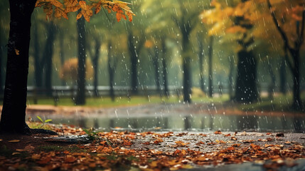 Wall Mural - landscape autumn rain drops splashes in the forest background, october weather landscape beautiful park.