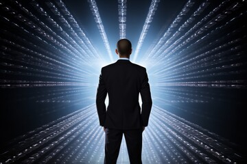 Modern european american businessman standing in cyberspace business man scientific abstract internet background web connection technology augmented virtual reality ar vr big data abstract science