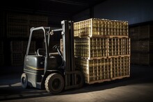 A Forklift Transporting Crates Loaded With Wine Bottles. Generative AI