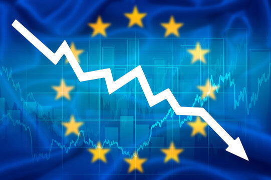 Wall Mural -  - declining economic performance of euro area. declining graph and euro symbol on background of european flag. economic depression, Financial Crysis Recession Economic