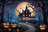 Fototapeta Big Ben - halloween background with pumpkin and bats